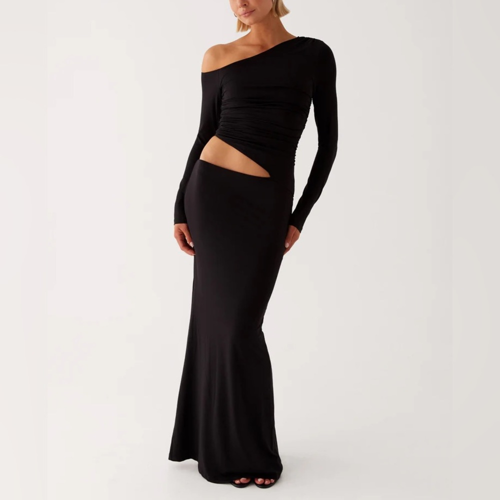Peppermayo Elegant Black One-Shoulder Maxi Dress